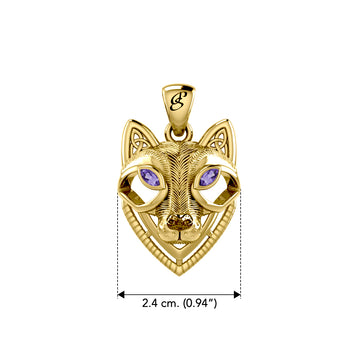 Celtic Wolf Spirit with Meaningful Gemstone Solid Yellow Gold Pendant GPD6213
